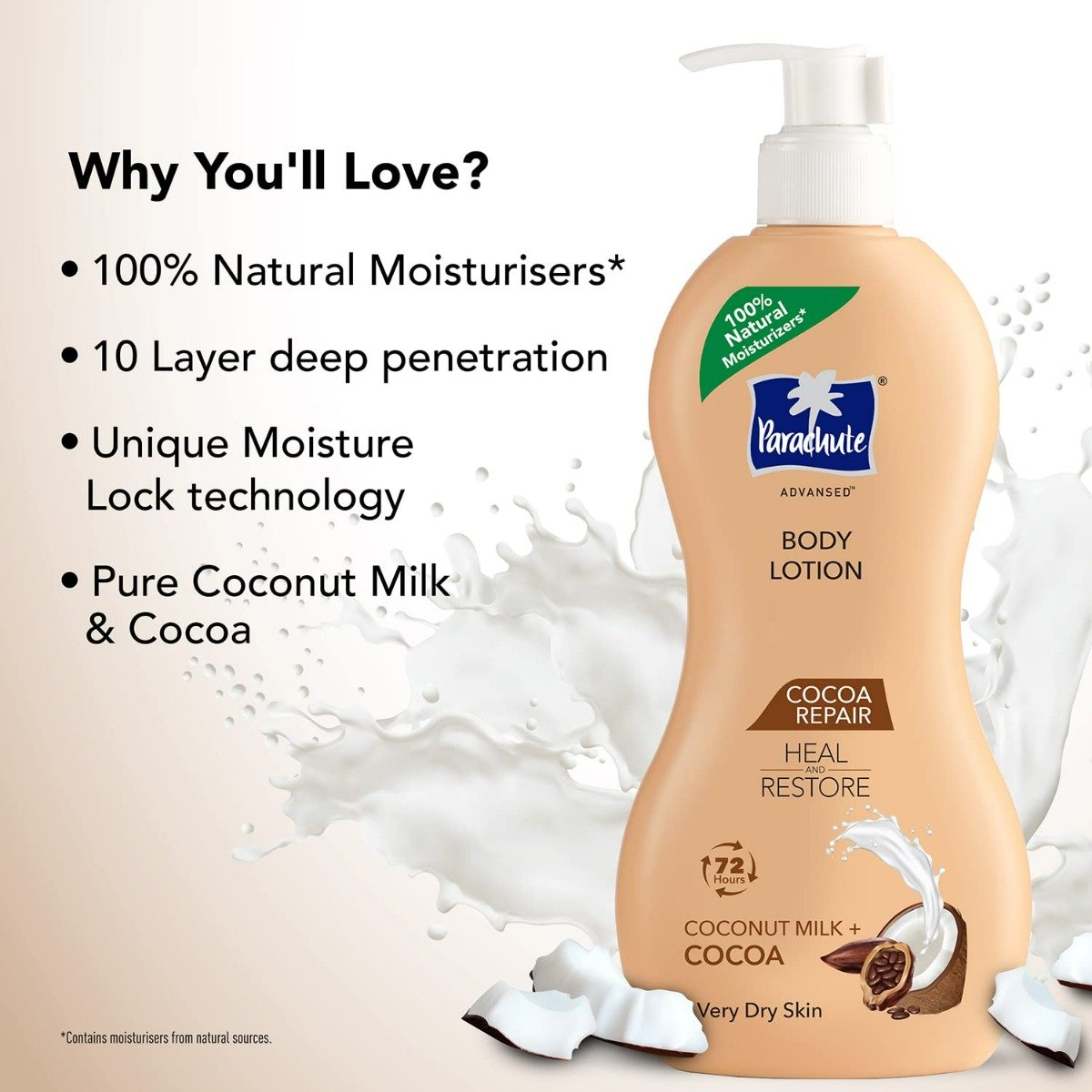 Parachute Advansed Cocoa Repair Body Lotion 400 ml | Coconut Milk & Coacoa | Heals & Restore Dry Skin During Winter | 72 Hrs Of Moisturization | For Very Dry Skin, Pack of 1 Parachute Advansed Cocoa Repair Body Lotion 400 ml | Coconut Milk & Coacoa | Heals & Restore Dry Skin During Winter | 72 Hrs Of Moisturization | For Very Dry Skin, Pack of 1