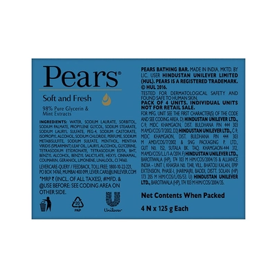 Pears Soft and Fresh Soap Bar, 4x125 gm, Pack of 1