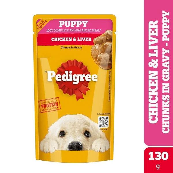 Pedigree Puppy Chicken & Liver Chunks in Gravy Wet Food for Dog, 130 gm