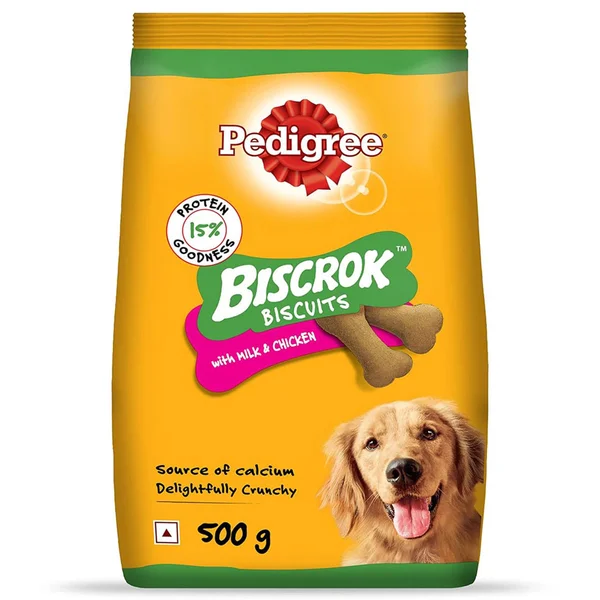 Pedigree Biscrok Biscuits with Milk &amp; Chicken Flavour Dog Treats, 500 gm, Pack of 1