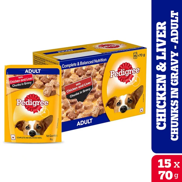 Pedigree Chicken &amp; Liver Chunks In Gravy Wet Food for Adult Dog, 1.5 kg (70gm x 15 Sachets), Pack of 1