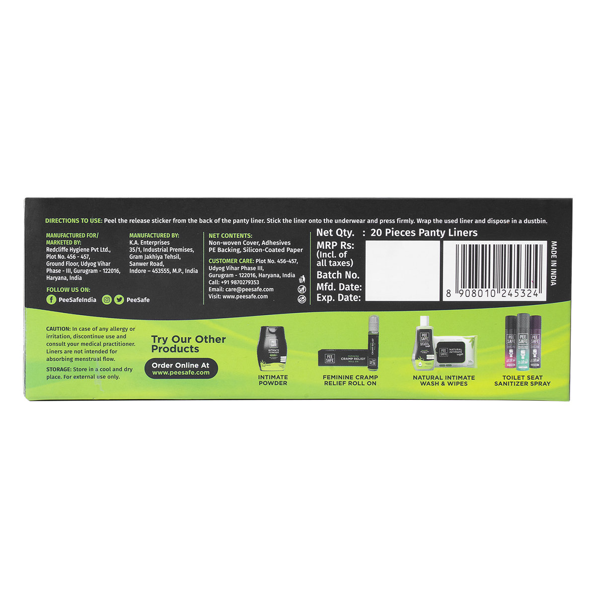 Pee Safe Aloe Vera Panty Liners, 20 Count, Pack of 1 Pee Safe Aloe Vera Panty Liners, 20 Count, Pack of 1