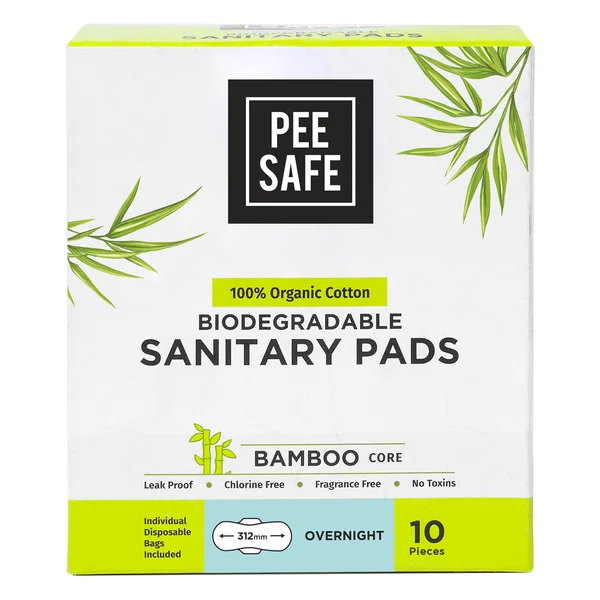 Pee Safe 100% Organic Cotton Biodegradable Overnight Sanitary Pads, 10 Count