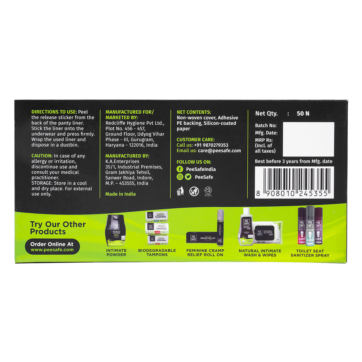 Pee Safe Aloe Vera Panty Liners, 50 Count, Pack of 1 Pee Safe Aloe Vera Panty Liners, 50 Count, Pack of 1