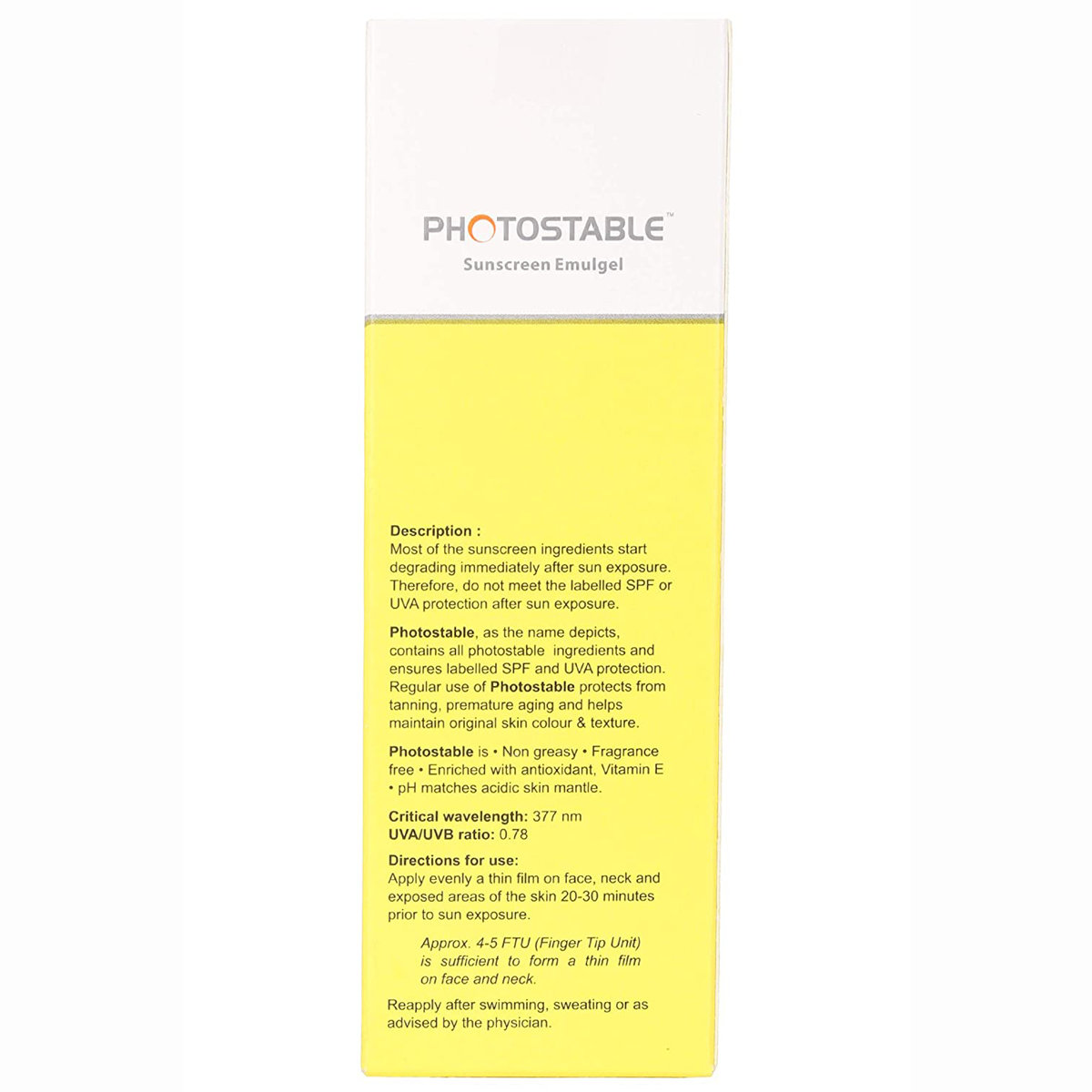 Photostable Sunscreen Emulgel SPF 40+ PA+++, 75 gm, Pack of 1 Photostable Sunscreen Emulgel SPF 40+ PA+++, 75 gm, Pack of 1