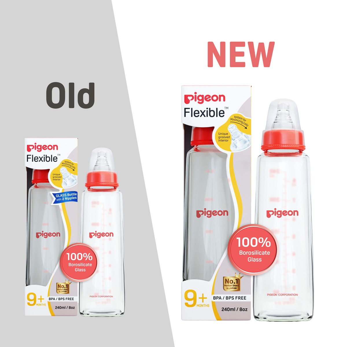 Pigeon Flexible Glass Feeding Bottle Large for 9+ Months, 240 ml, Pack of 1 Pigeon Flexible Glass Feeding Bottle Large for 9+ Months, 240 ml, Pack of 1