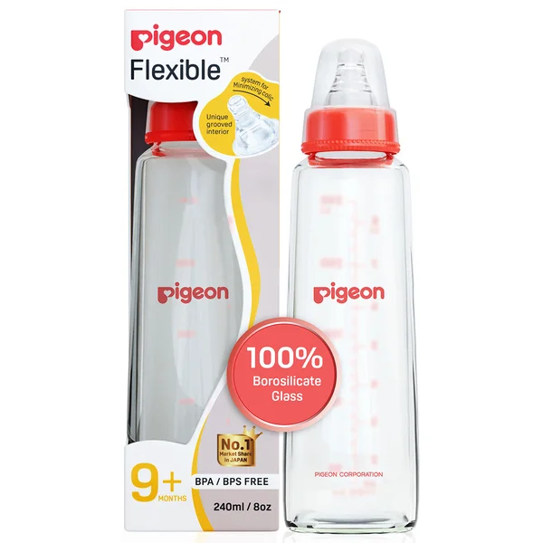 Pigeon Flexible Glass Feeding Bottle Large for 9+ Months, 240 ml, Pack of 1