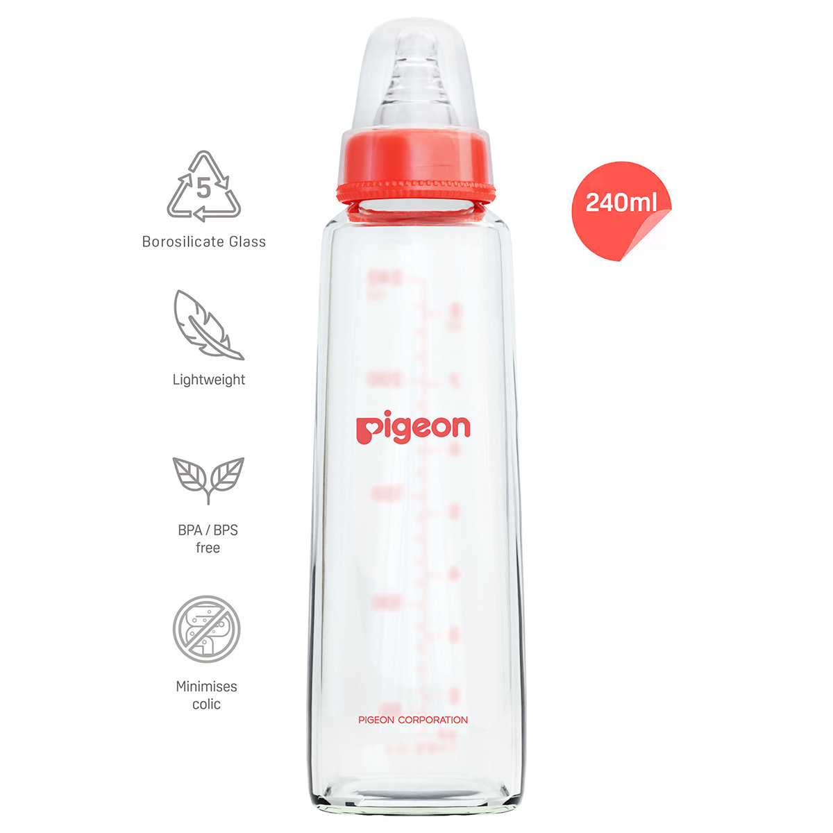 Pigeon Flexible Glass Feeding Bottle Large for 9+ Months, 240 ml, Pack of 1 Pigeon Flexible Glass Feeding Bottle Large for 9+ Months, 240 ml, Pack of 1
