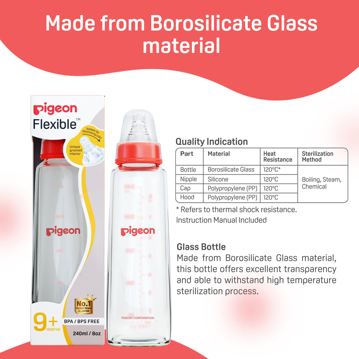 Pigeon Flexible Glass Feeding Bottle Large for 9+ Months, 240 ml, Pack of 1 Pigeon Flexible Glass Feeding Bottle Large for 9+ Months, 240 ml, Pack of 1