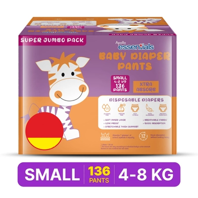 Apollo Essentials Baby Diaper Pants Small, 136 Count (2x68), Pack of 1