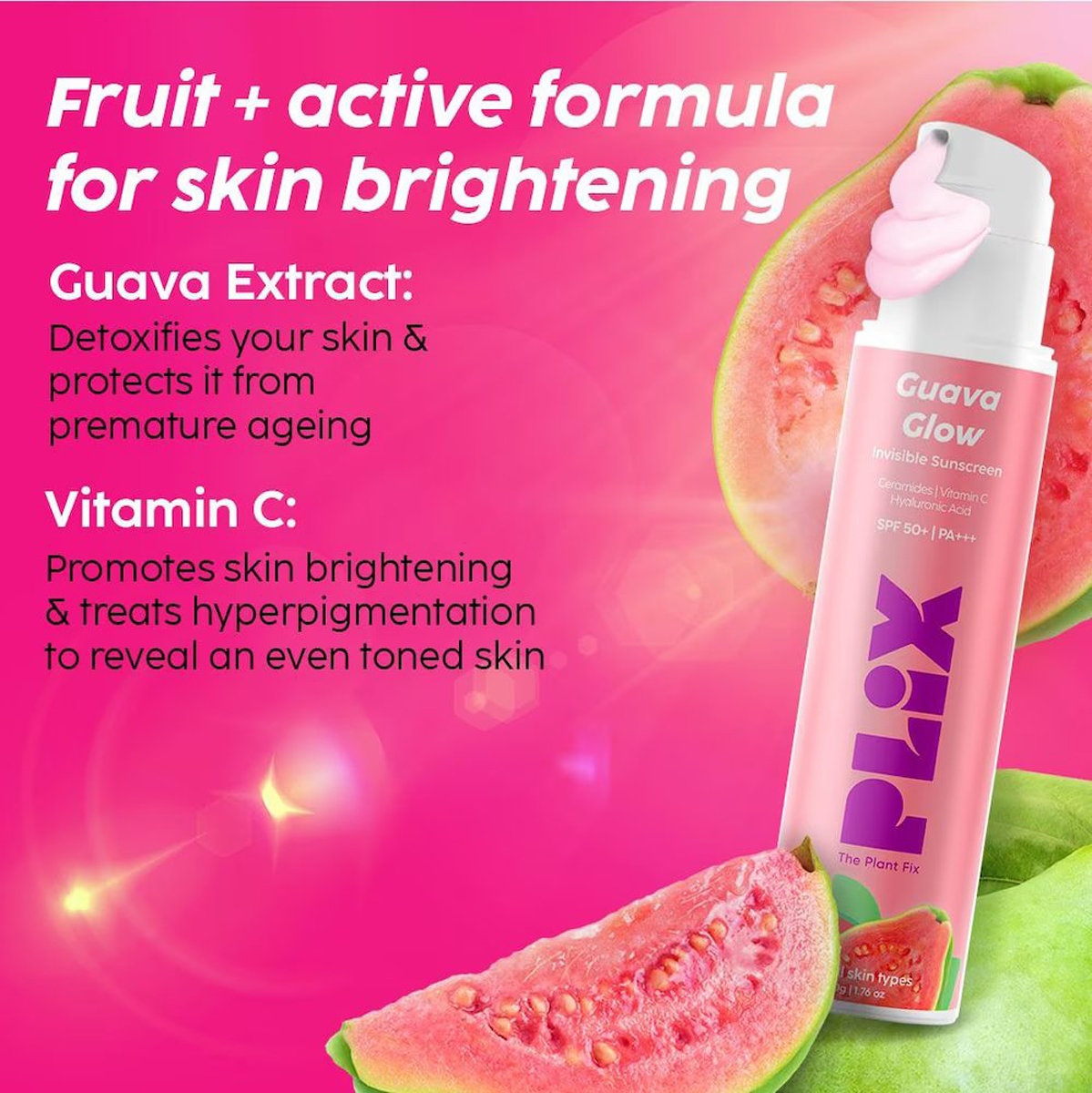 Plix Guava Glow SPF50+ PA+++ Invisible Sunscreen, 50 gm, Pack of 1 Plix Guava Glow SPF50+ PA+++ Invisible Sunscreen, 50 gm, Pack of 1
