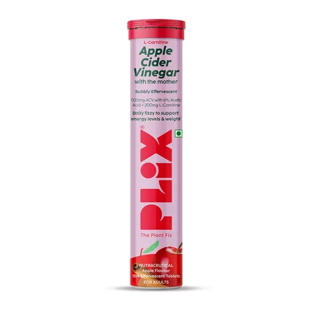 Plix Apple Cider Vinegar Apple Flavour, 15 Effervescent Tablets |  With Mother ACV | L-Carnitine Helps To Turn Food Into Energy, Supports Energy Level 