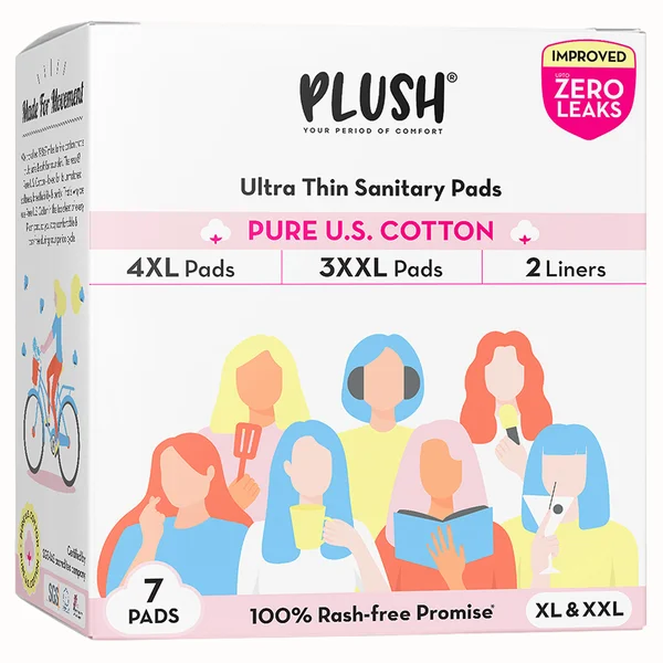 Plush 100% Pure US Cotton Ultra Thin Sanitary Pads, 7 Count, Pack of 1