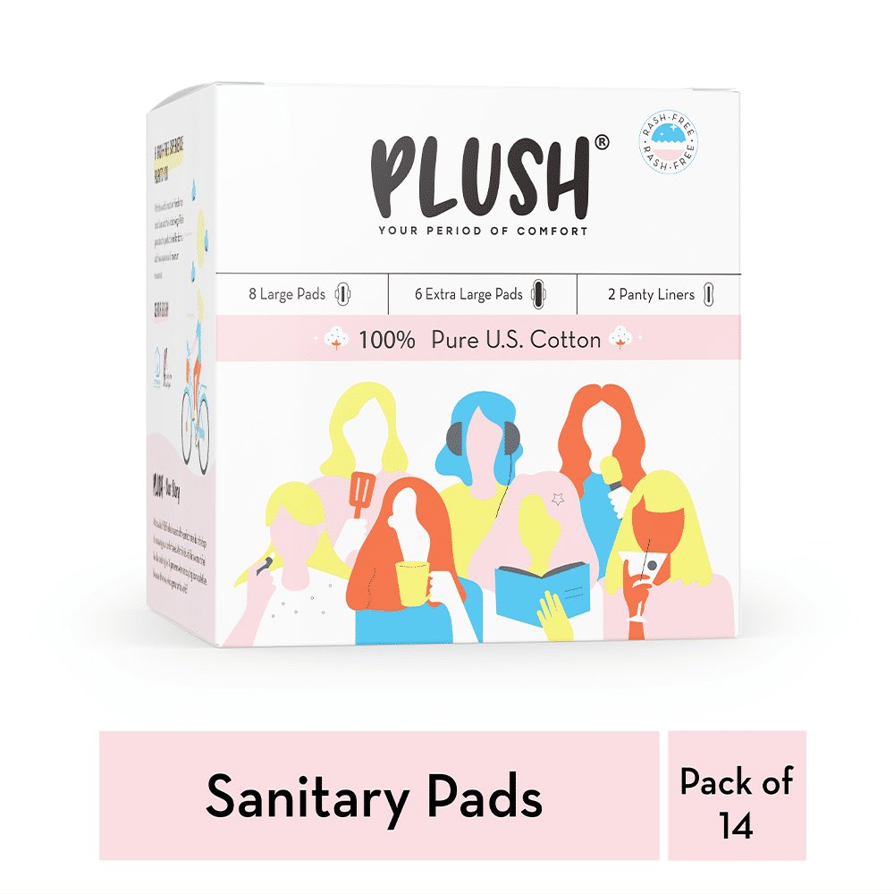 Plush 100% Pure US Cotton Sanitary Pads, 14 Count, Pack of 1 