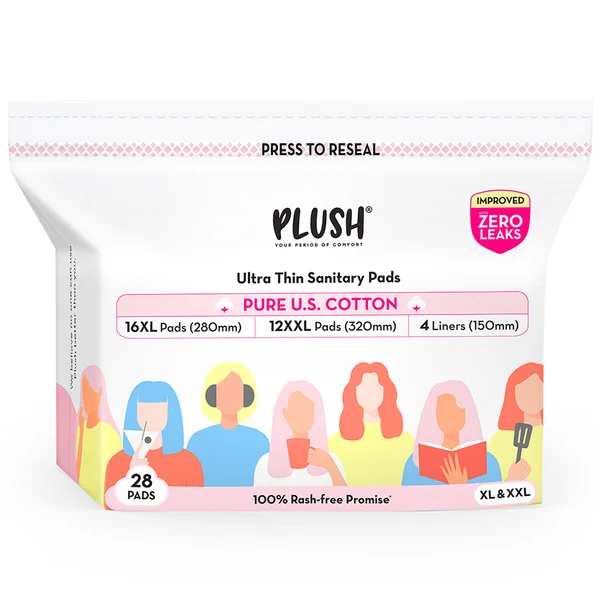 Plush Cotton Sanitary Pads 32 Count (XL-16, XXl-12, Liners-4), Pack of 1