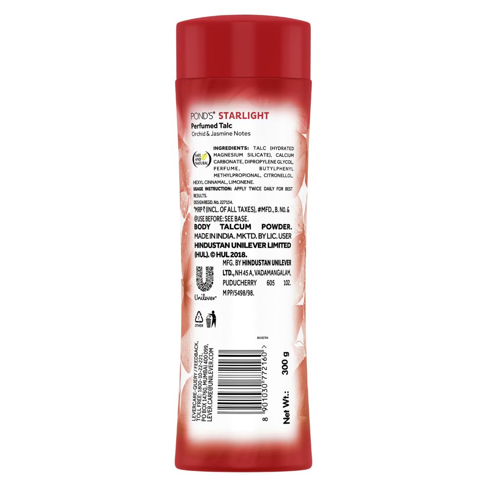 Pond's Starlight Talcum Powder 300 gm | With Orchid & Jasmin Notes | Reduces Sweat | Fights Body Odour With Orchid & Jasmin Fragrance | For Both Men & Women, Pack of 1 Pond's Starlight Talcum Powder 300 gm | With Orchid & Jasmin Notes | Reduces Sweat | Fights Body Odour With Orchid & Jasmin Fragrance | For Both Men & Women, Pack of 1