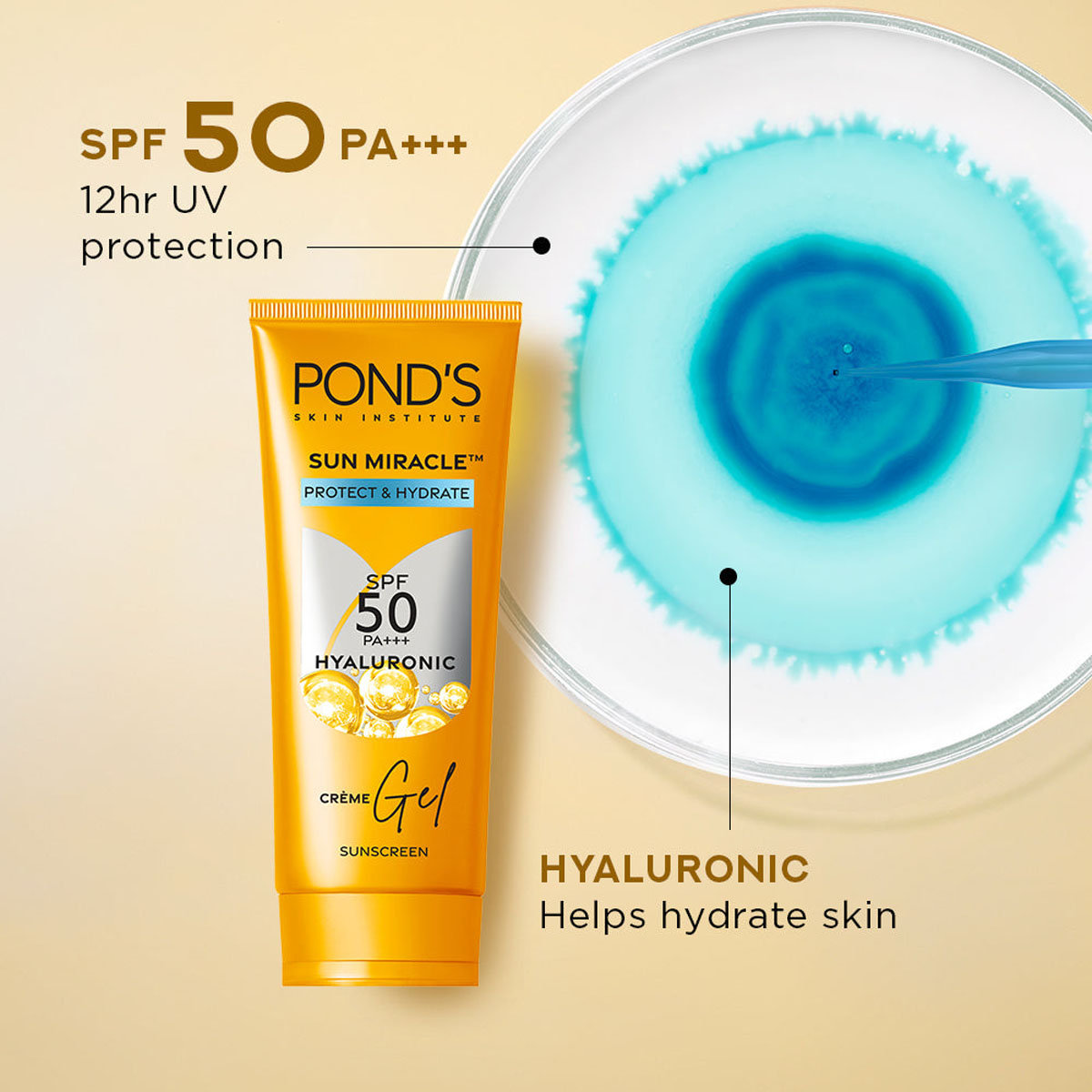 Pond's Sun Miracle Protect & Bright SPF 50 PA+++ Sunscreen Gel with Hyaluronic, 50 gm, Pack of 1 Pond's Sun Miracle Protect & Bright SPF 50 PA+++ Sunscreen Gel with Hyaluronic, 50 gm, Pack of 1