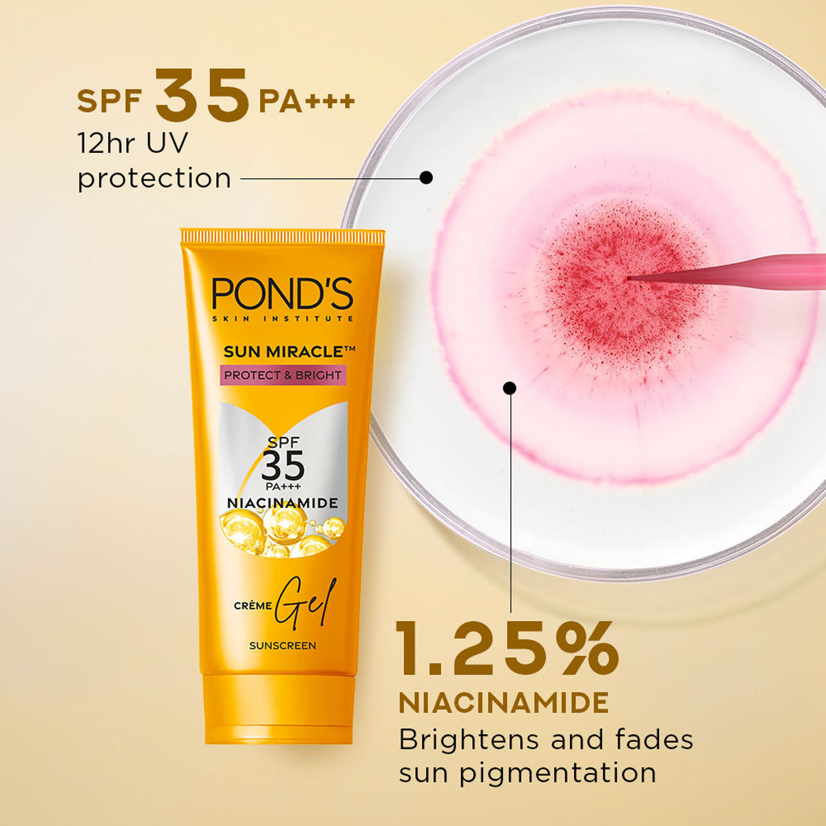 Pond's Sun Miracle Protect & Bright SPF 35 PA+++ Sunscreen Gel with Niacinamide, 50 gm, Pack of 1 Pond's Sun Miracle Protect & Bright SPF 35 PA+++ Sunscreen Gel with Niacinamide, 50 gm, Pack of 1