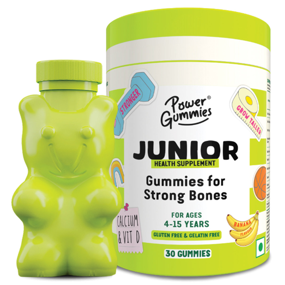 Power Gummies Junior for Strong Bones, Health Supplement for Kids from 4 to 15 Years, Tasty Banana Flavour - with Calcium, Phosphorus & Vitamin D, 30 Gummies, Pack of 1 Power Gummies Junior for Strong Bones, Health Supplement for Kids from 4 to 15 Years, Tasty Banana Flavour - with Calcium, Phosphorus & Vitamin D, 30 Gummies, Pack of 1