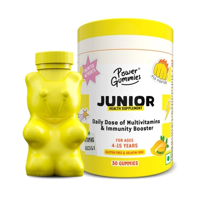 Power Gummies Junior Multivitamins &amp; Immunity Booster Health Supplement for Kids from 4 to15 Years, Tasty Mango Flavour - with Vitamin A, B, C, D, &amp; K, 30 Gummies, Pack of 1