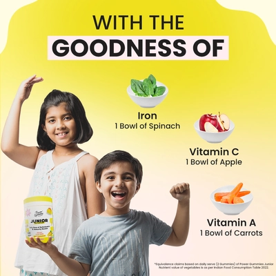 Power Gummies Junior Multivitamins &amp; Immunity Booster Health Supplement for Kids from 4 to15 Years, Tasty Mango Flavour - with Vitamin A, B, C, D, &amp; K, 30 Gummies, Pack of 1