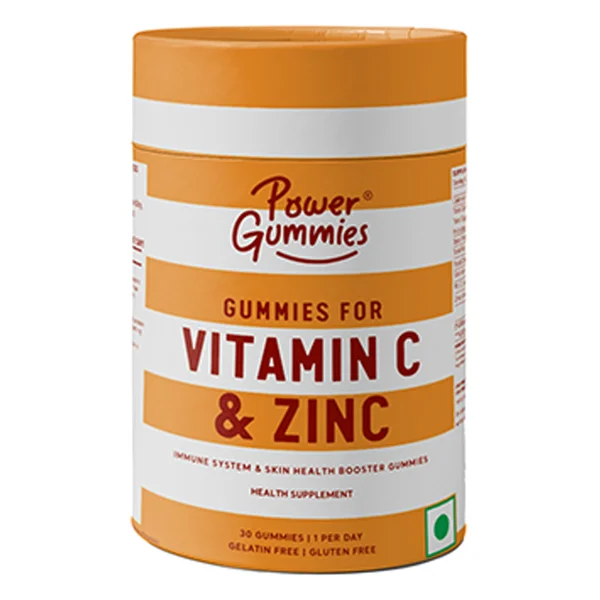 Power Gummies Vitamin C &amp; Zinc Orange Flavour for Immunity &amp; Skin Health, 30 Gummies, Pack of 1