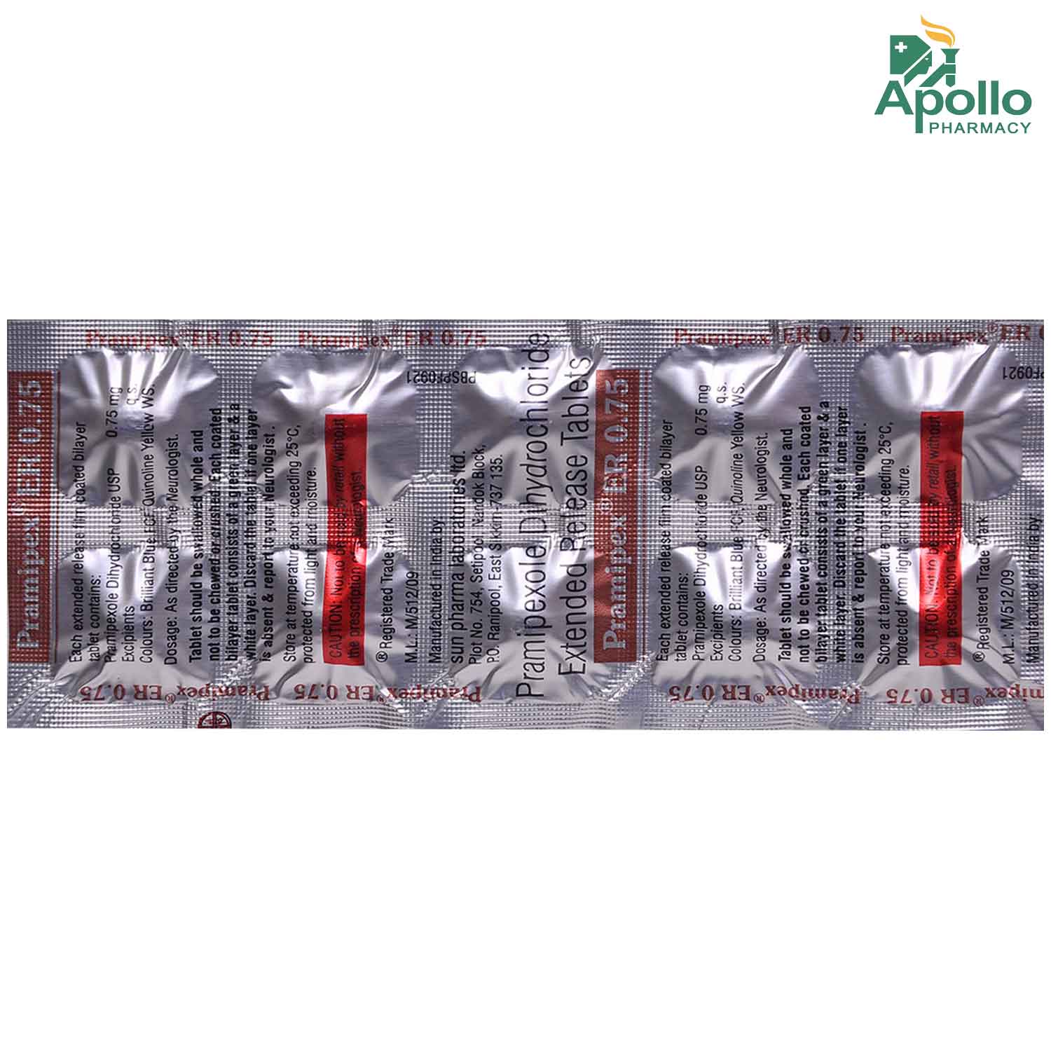 Pramipex ER 0.75 Tablet 10's, Pack of 10 TABLETS Pramipex ER 0.75 Tablet 10's, Pack of 10 TABLETS