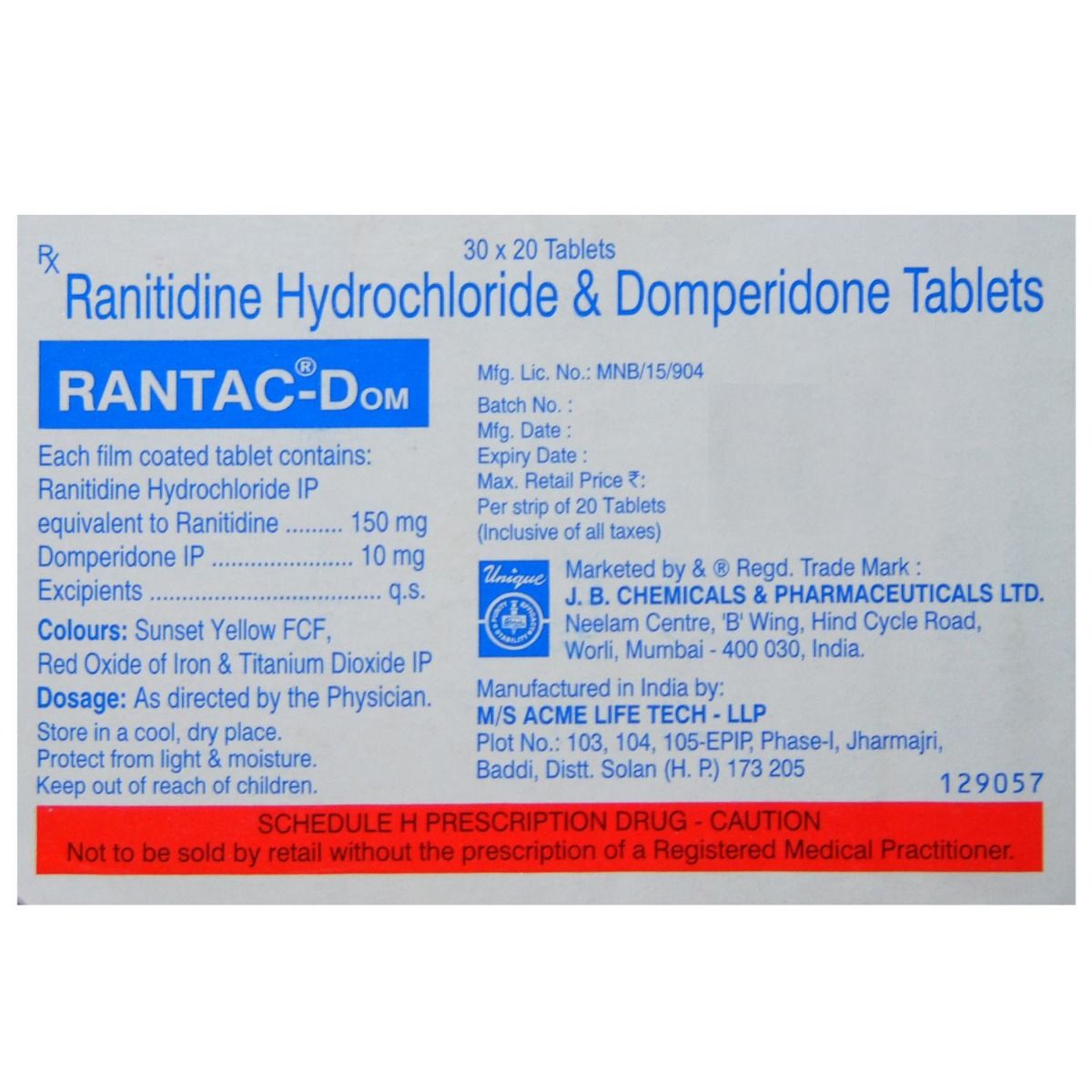 Buy Rantac-Dom Tablet 20's Online