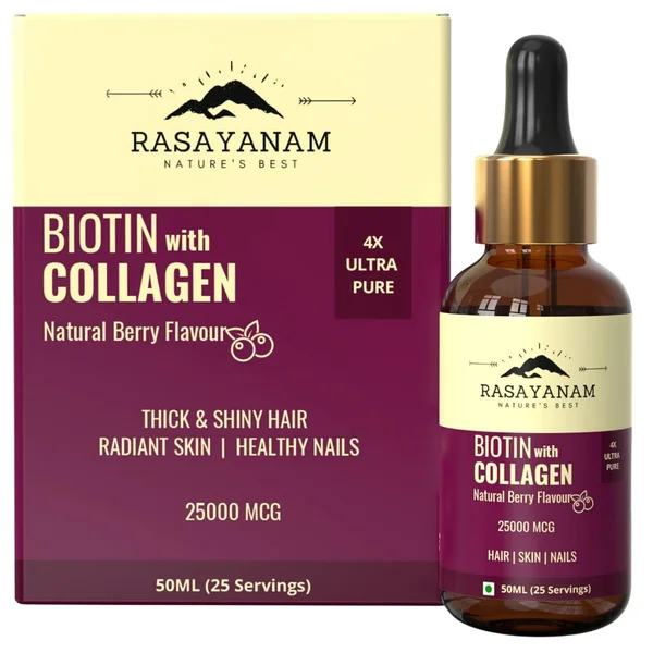 Rasayanam Biotin &amp; Collagen 25000mcg Berry Flavour Liquid, 50 ml, Pack of 1
