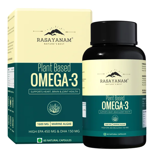 Rasayanam Plant Based Omega-3 1600mg, 60 Capsules | No Fish Oil, Pure Algae | Gelatin Free