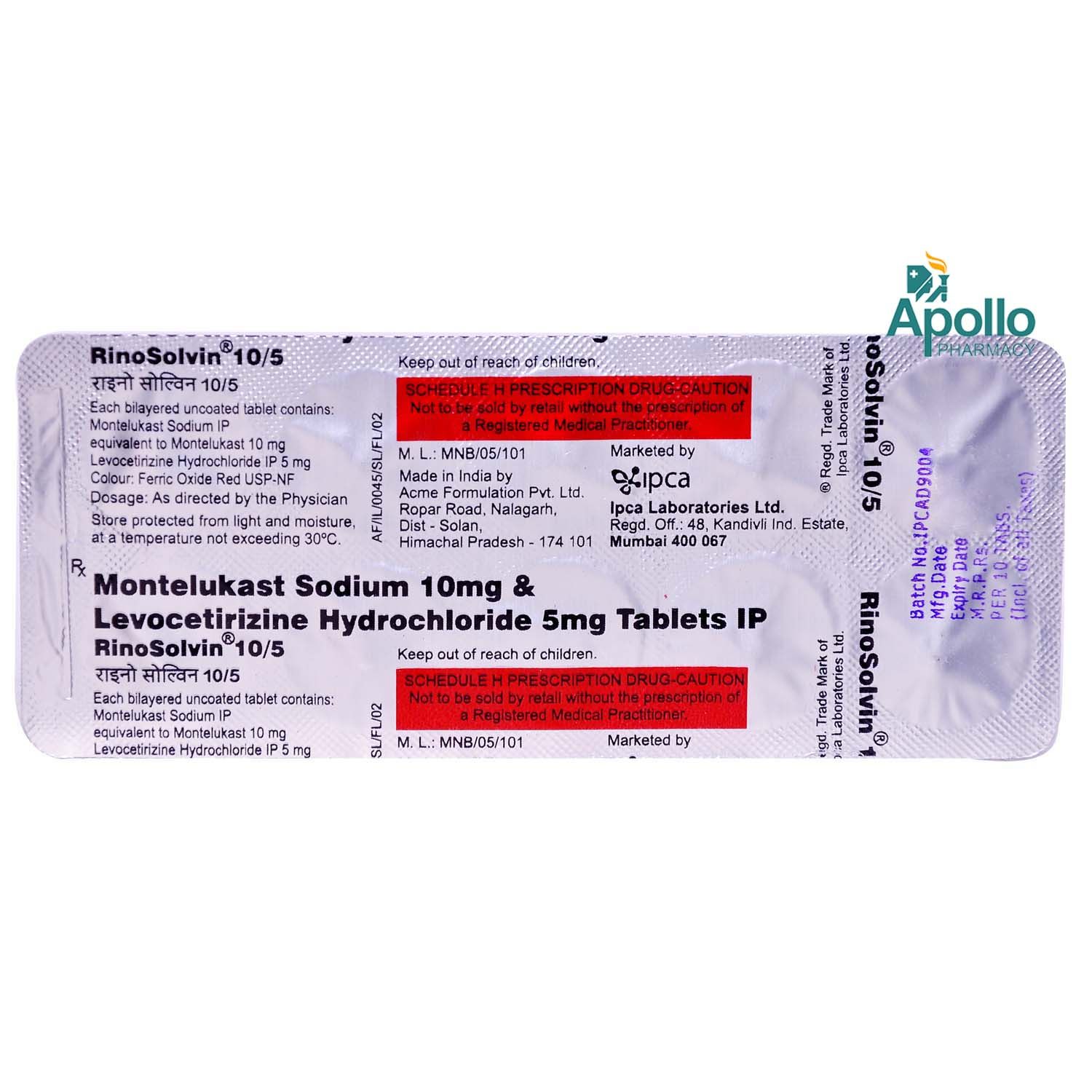 Rinosolvin 10/5 mg Tablet 10's, Pack of 10 TABLETS