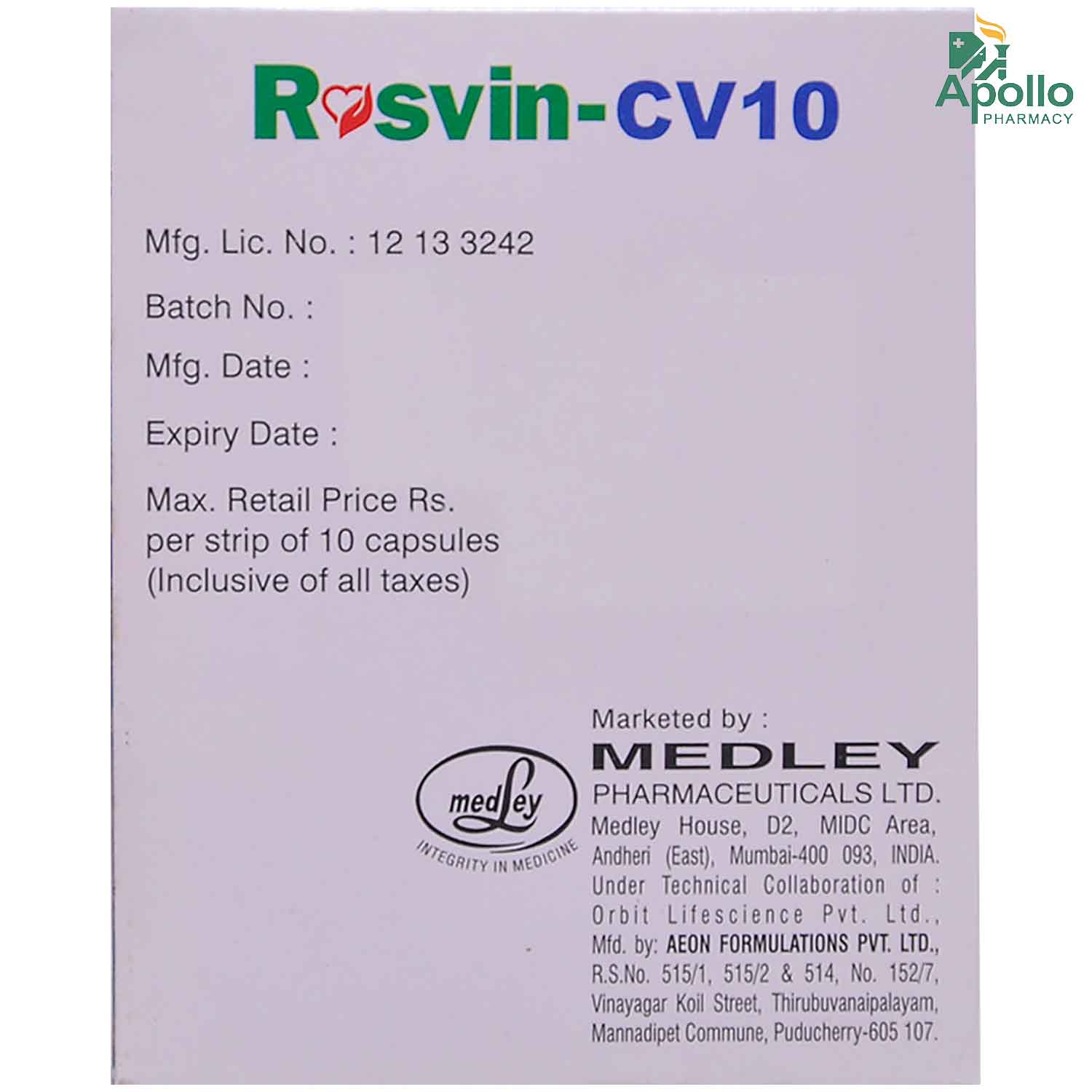 Rosvin-CV 10 Capsule 10's, Pack of 10 Rosvin-CV 10 Capsule 10's, Pack of 10