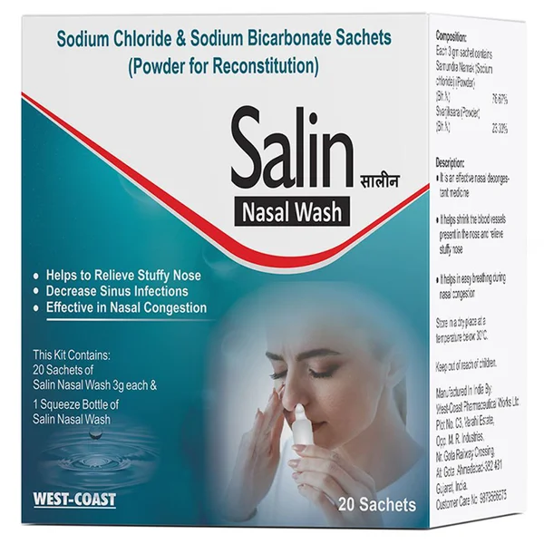 West-Coast Salin Nasal Wash for Stuffy Nose, Sinus Infections and Nasal Congestion, 3gm x 20 Sachets