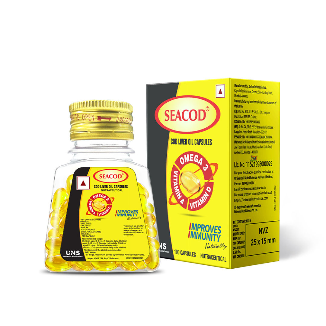 Buy Seacod Cod Fish Liver Oil 100 softgel Capsules with Natural Omega3 |Vitamin D & A | Builds Immunity Online