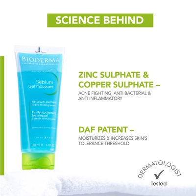 Bioderma Sebium Foaming Gel 100 ml |Zinc Sulphate, Copper Sulphate Purifies Skin | Controls Excess Oil | For Combination/Oily Skin, Pack of 1