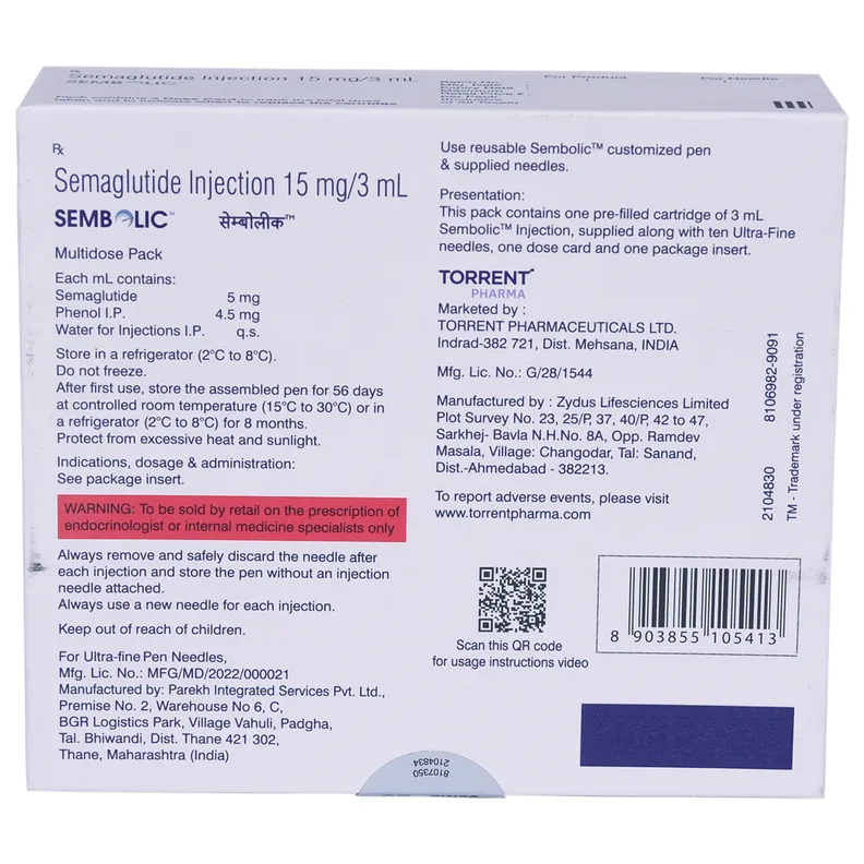 Sembolic Inj Buy Sembolic 15mg/3ml Cartridge Injection 1's online | Uses, Side ...