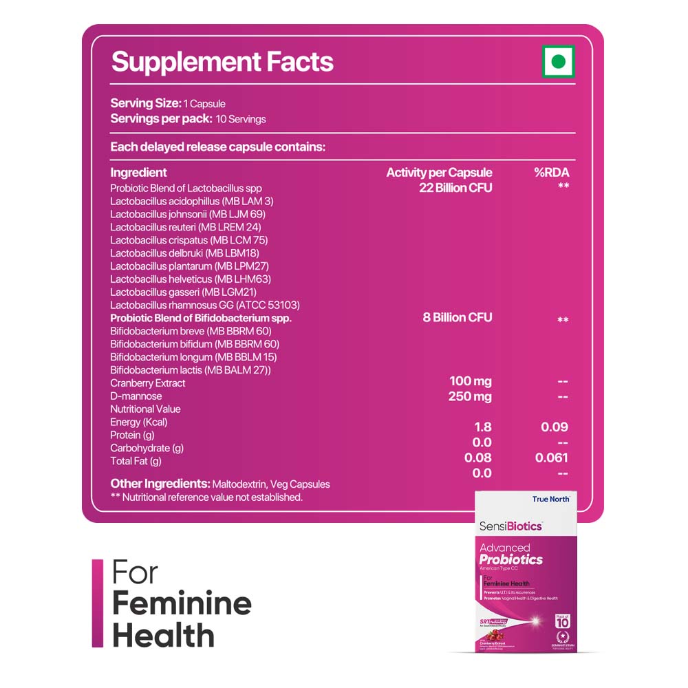 Truenorth Sensibiotics Advanced Probiotics for Feminine Health, 10 Capsules, Pack of 1 Truenorth Sensibiotics Advanced Probiotics for Feminine Health, 10 Capsules, Pack of 1