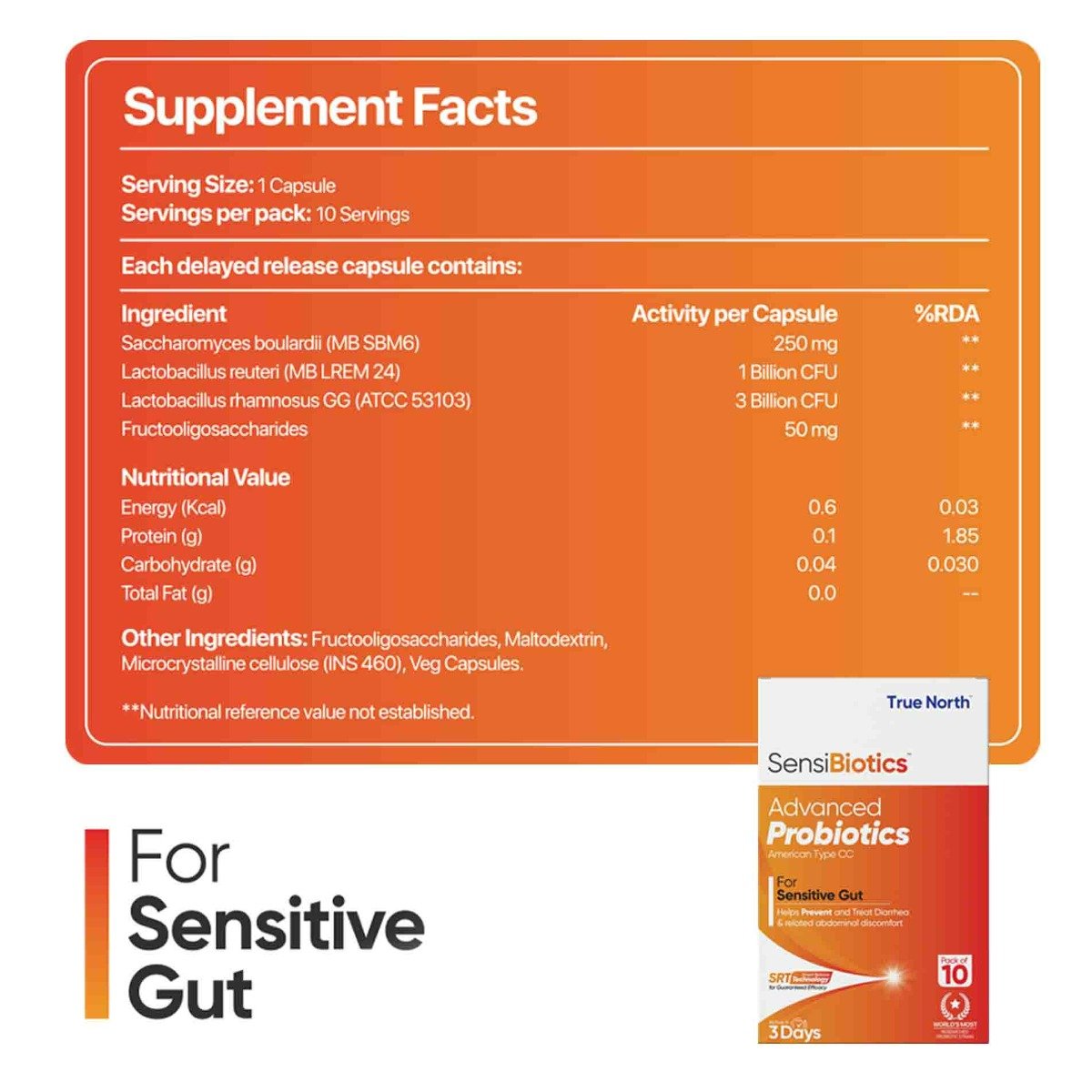 Truenorth Sensibiotics Advanced Probiotics for Sensitive Gut, 10 Capsules, Pack of 1 Truenorth Sensibiotics Advanced Probiotics for Sensitive Gut, 10 Capsules, Pack of 1