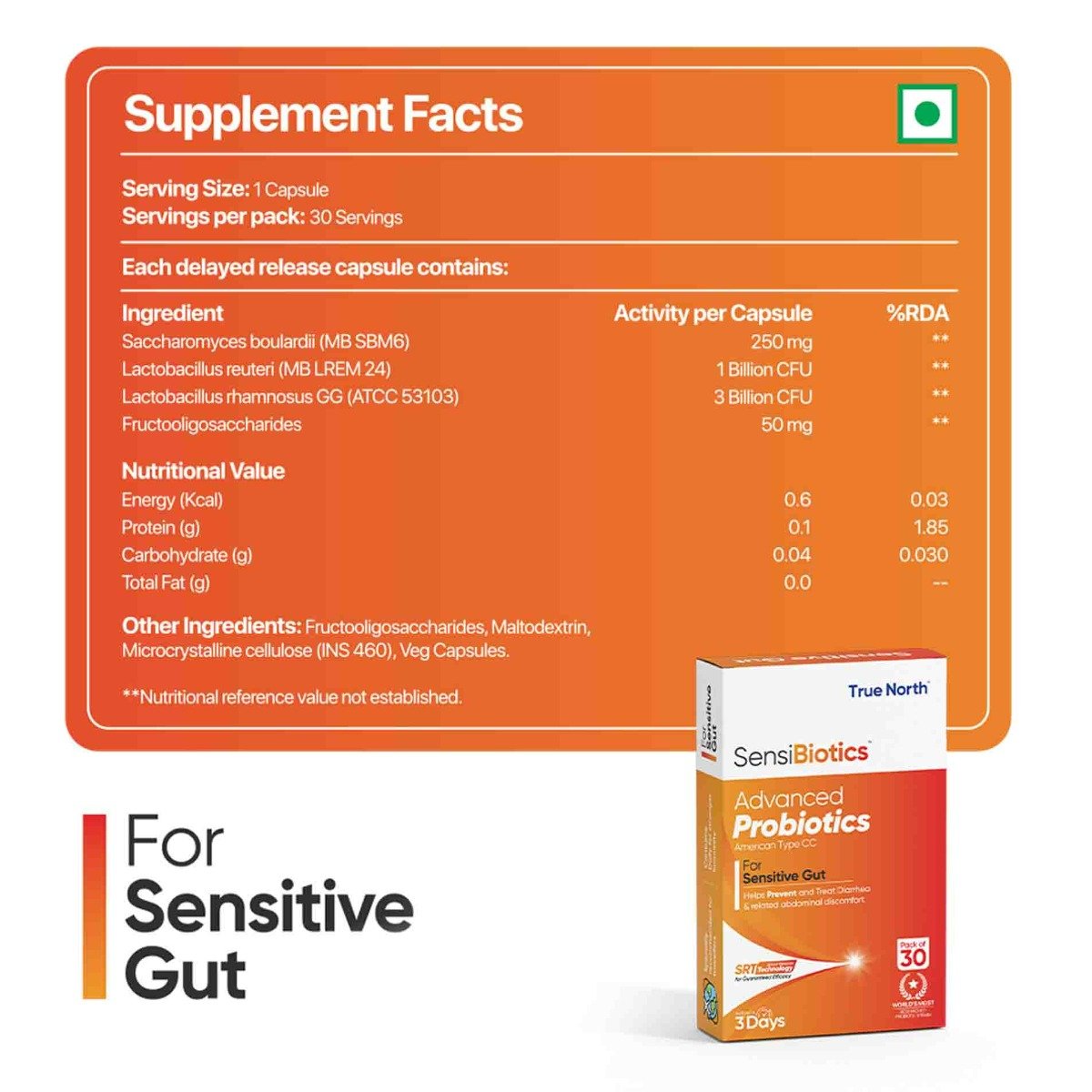 Truenorth Sensibiotics Advanced Probiotics for Sensitive Gut, 30 Capsules, Pack of 1 Truenorth Sensibiotics Advanced Probiotics for Sensitive Gut, 30 Capsules, Pack of 1