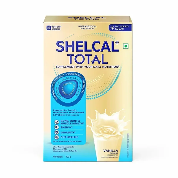 Shelcal Total Adults Vanilla Flavour Daily Nutrition Powder, 400 gm (No Added Sugar)