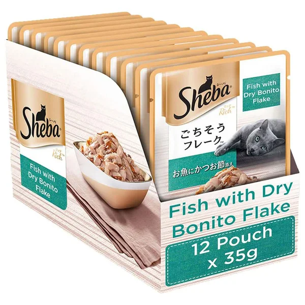 Sheba Fish With Dry Bonito Flake Wet Food for Cat, 420 gm (35 gm x 12 Sachets), Pack of 1
