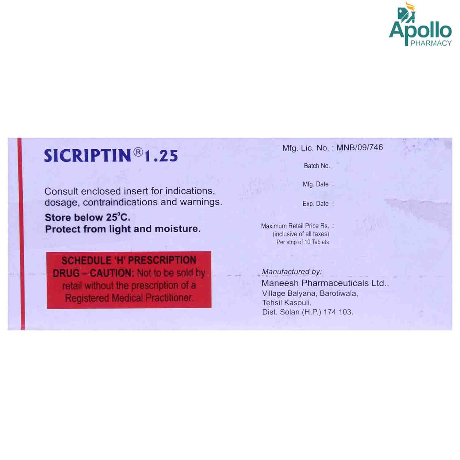 Sicriptin 1.25 Tablet 10's Price, Uses, Side Effects, Composition ...