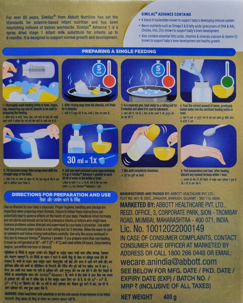 Similac Advance Infant Formula Stage 1 Powder (Up to 6 Months), 400 gm Refill Pack, Pack of 1 Similac Advance Infant Formula Stage 1 Powder (Up to 6 Months), 400 gm Refill Pack, Pack of 1