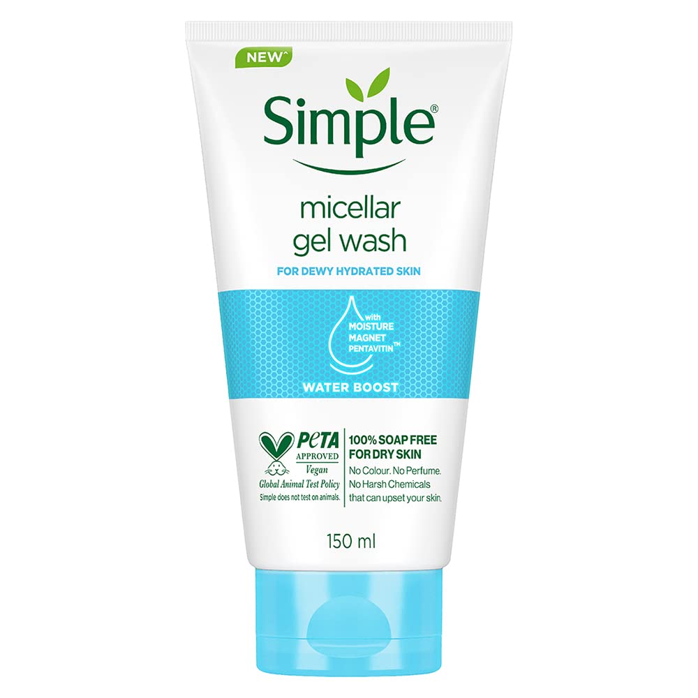 Simple Water Boost Micellar Gel Wash 150 ml | With Moisture Magnet Pentavitin | Deep Cleansing | Gives Dewy Hydrated Skin | For Dry SKin, Pack of 1 Simple Water Boost Micellar Gel Wash 150 ml | With Moisture Magnet Pentavitin | Deep Cleansing | Gives Dewy Hydrated Skin | For Dry SKin, Pack of 1