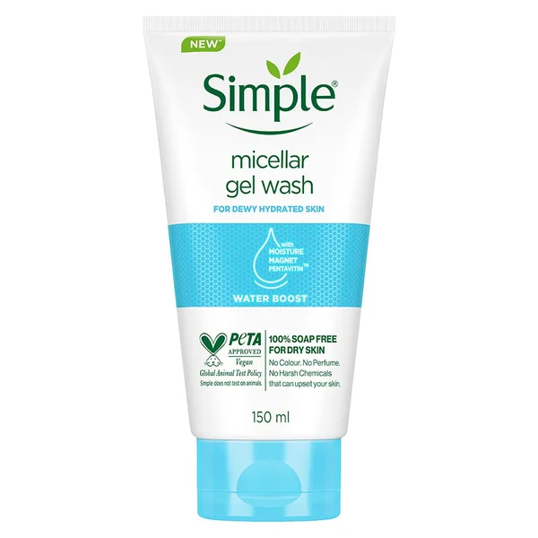 Simple Water Boost Micellar Gel Wash 150 ml | With Moisture Magnet Pentavitin | Deep Cleansing | Gives Dewy Hydrated Skin | For Dry SKin, Pack of 1