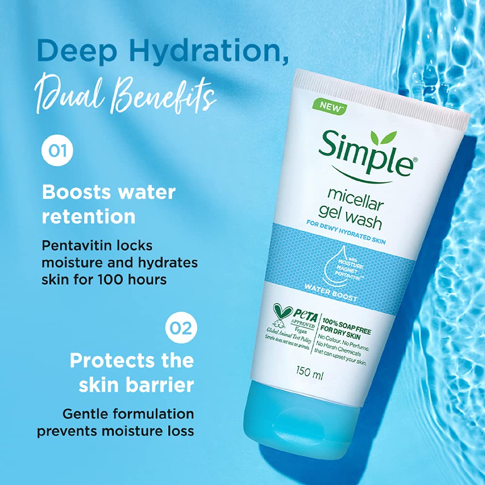 Simple Water Boost Micellar Gel Wash 150 ml | With Moisture Magnet Pentavitin | Deep Cleansing | Gives Dewy Hydrated Skin | For Dry SKin, Pack of 1 Simple Water Boost Micellar Gel Wash 150 ml | With Moisture Magnet Pentavitin | Deep Cleansing | Gives Dewy Hydrated Skin | For Dry SKin, Pack of 1