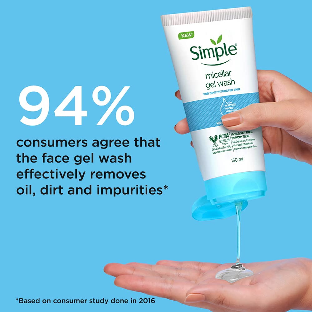 Simple Water Boost Micellar Gel Wash 150 ml | With Moisture Magnet Pentavitin | Deep Cleansing | Gives Dewy Hydrated Skin | For Dry SKin, Pack of 1 Simple Water Boost Micellar Gel Wash 150 ml | With Moisture Magnet Pentavitin | Deep Cleansing | Gives Dewy Hydrated Skin | For Dry SKin, Pack of 1
