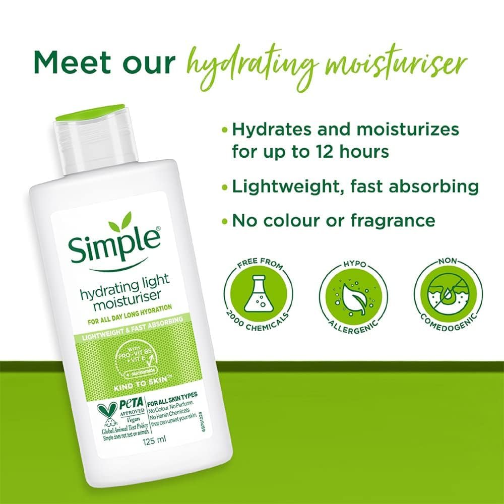 Simple Kind To Skin Hydrating Light Moisturiser 125 ml | Pro Vitamin B5, E & Aminoacids | Provides All Day Long Hydration | Lightweight & Non Greasy | For All Skin Type, Pack of 1 Simple Kind To Skin Hydrating Light Moisturiser 125 ml | Pro Vitamin B5, E & Aminoacids | Provides All Day Long Hydration | Lightweight & Non Greasy | For All Skin Type, Pack of 1