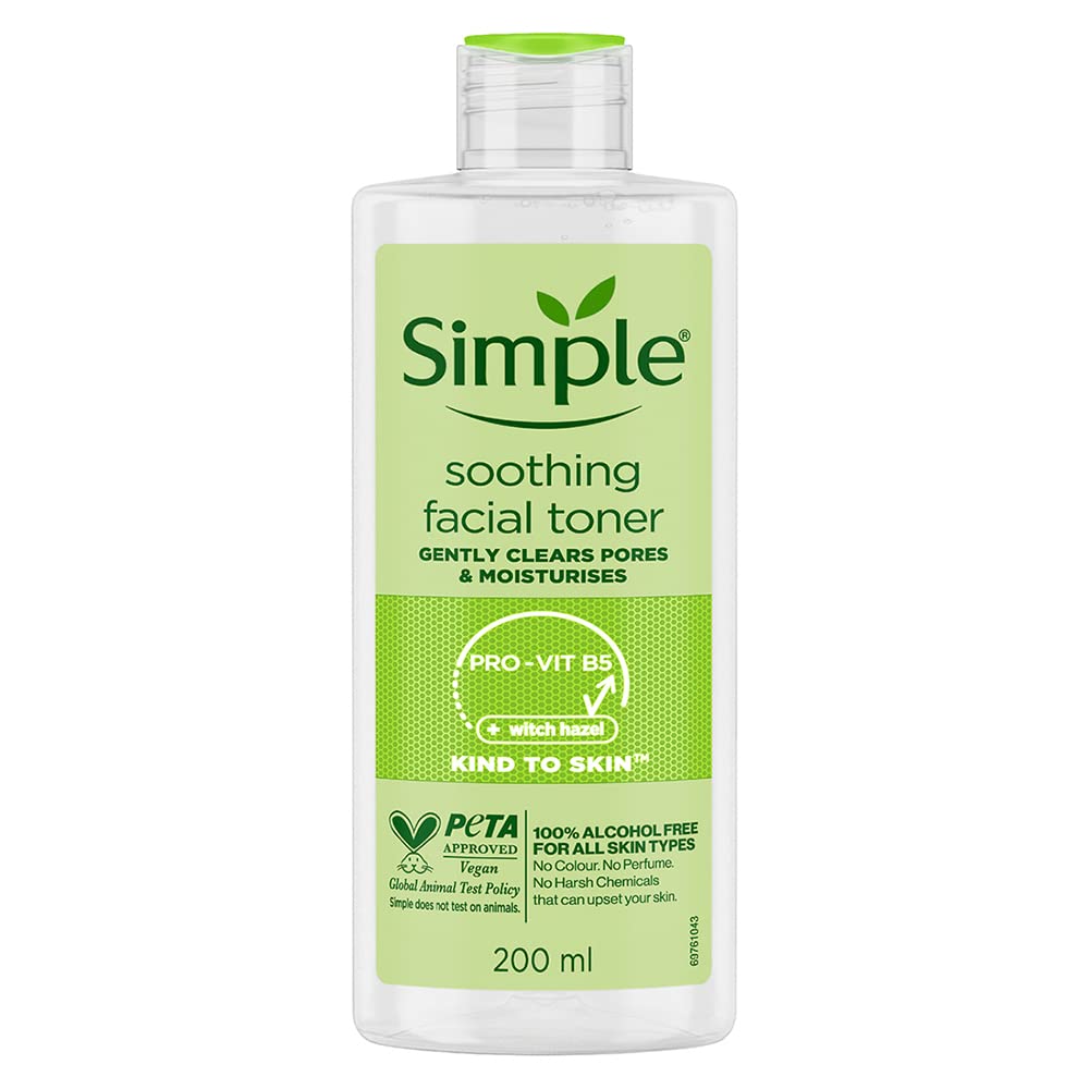 Simple Kind To Skin Soothing Facial Toner 200 ml | Pro Vitamin B5 & Witch Hazel | Gentle Pore Cleansing | Moisturises Skin | Keep Skin Refreshed & Toned | Lightweight | For All Skin Type, Pack of 1 Simple Kind To Skin Soothing Facial Toner 200 ml | Pro Vitamin B5 & Witch Hazel | Gentle Pore Cleansing | Moisturises Skin | Keep Skin Refreshed & Toned | Lightweight | For All Skin Type, Pack of 1