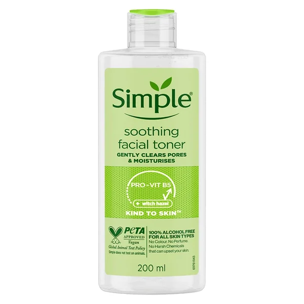 Simple Kind To Skin Soothing Facial Toner 200 ml | Pro Vitamin B5 &amp; Witch Hazel | Gentle Pore Cleansing | Moisturises Skin | Keep Skin Refreshed &amp; Toned | Lightweight | For All Skin Type, Pack of 1